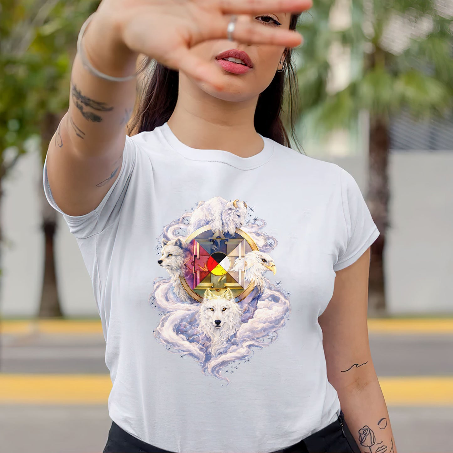 Sacred White Animals & Medicine Wheel Spiritual Unisex T-shirt/T-shirt V-neck/Hoodie/Sweatshirt