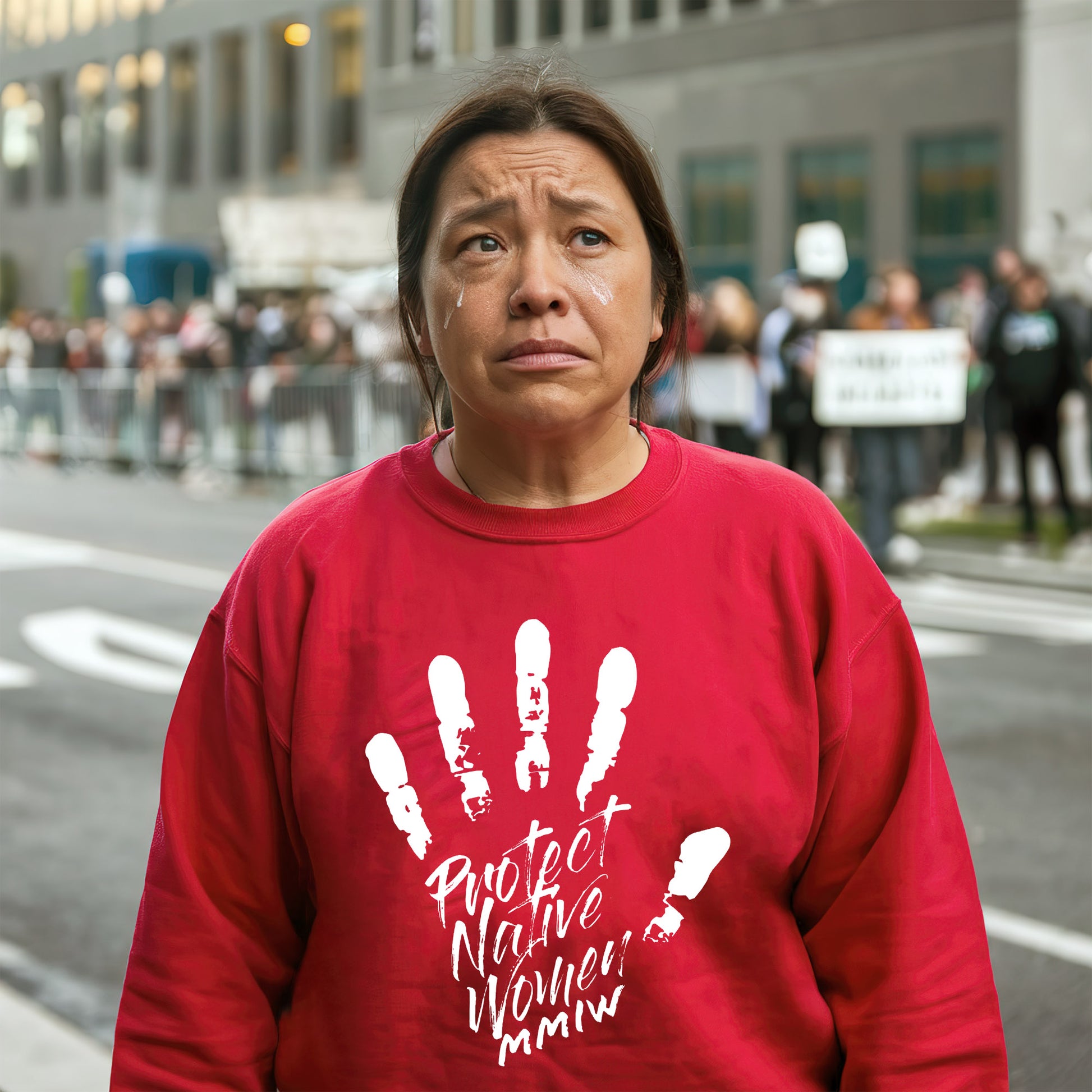 a woman wearing a red shirt with a hand print on it