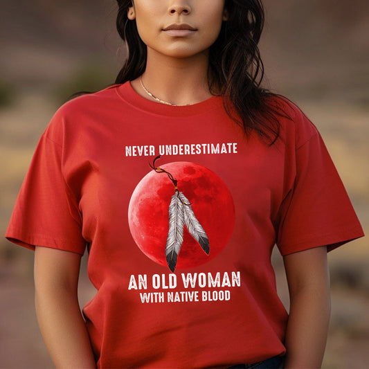 a woman wearing a red shirt with a feather on it