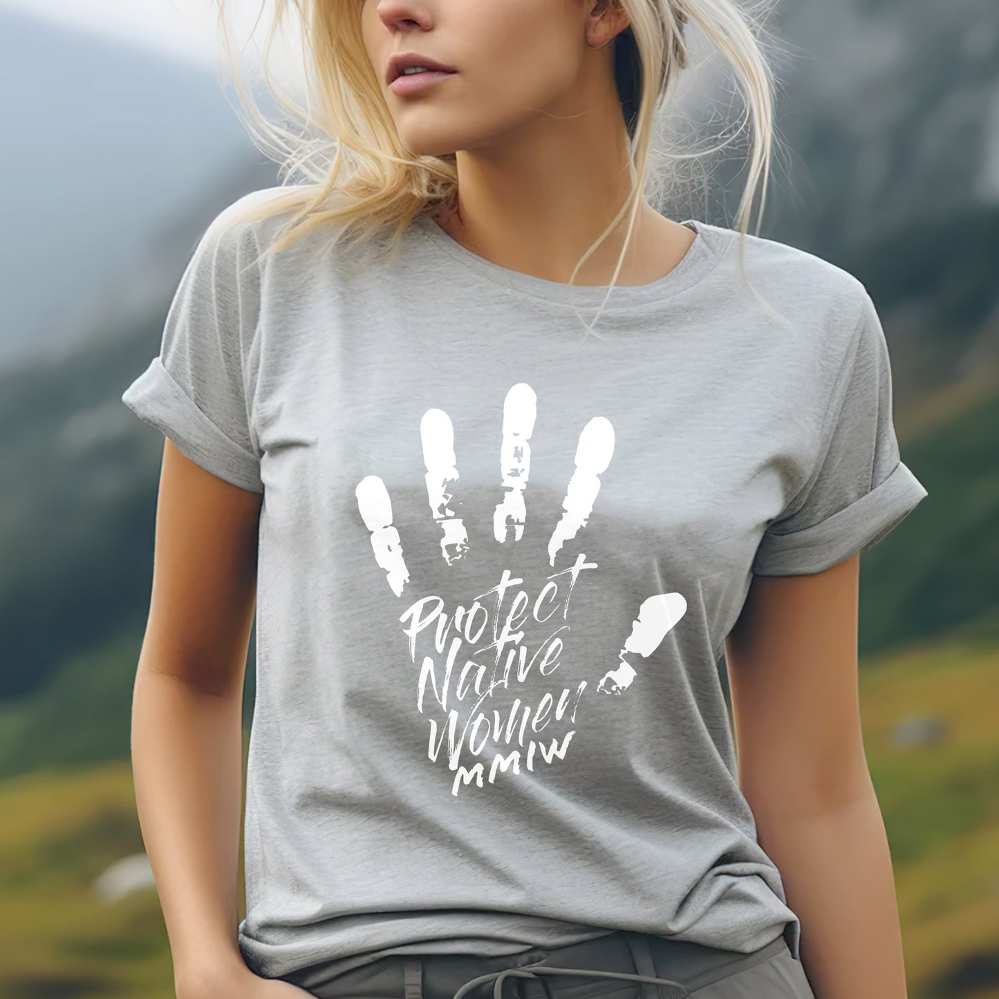 a woman wearing a gray shirt with a white hand print