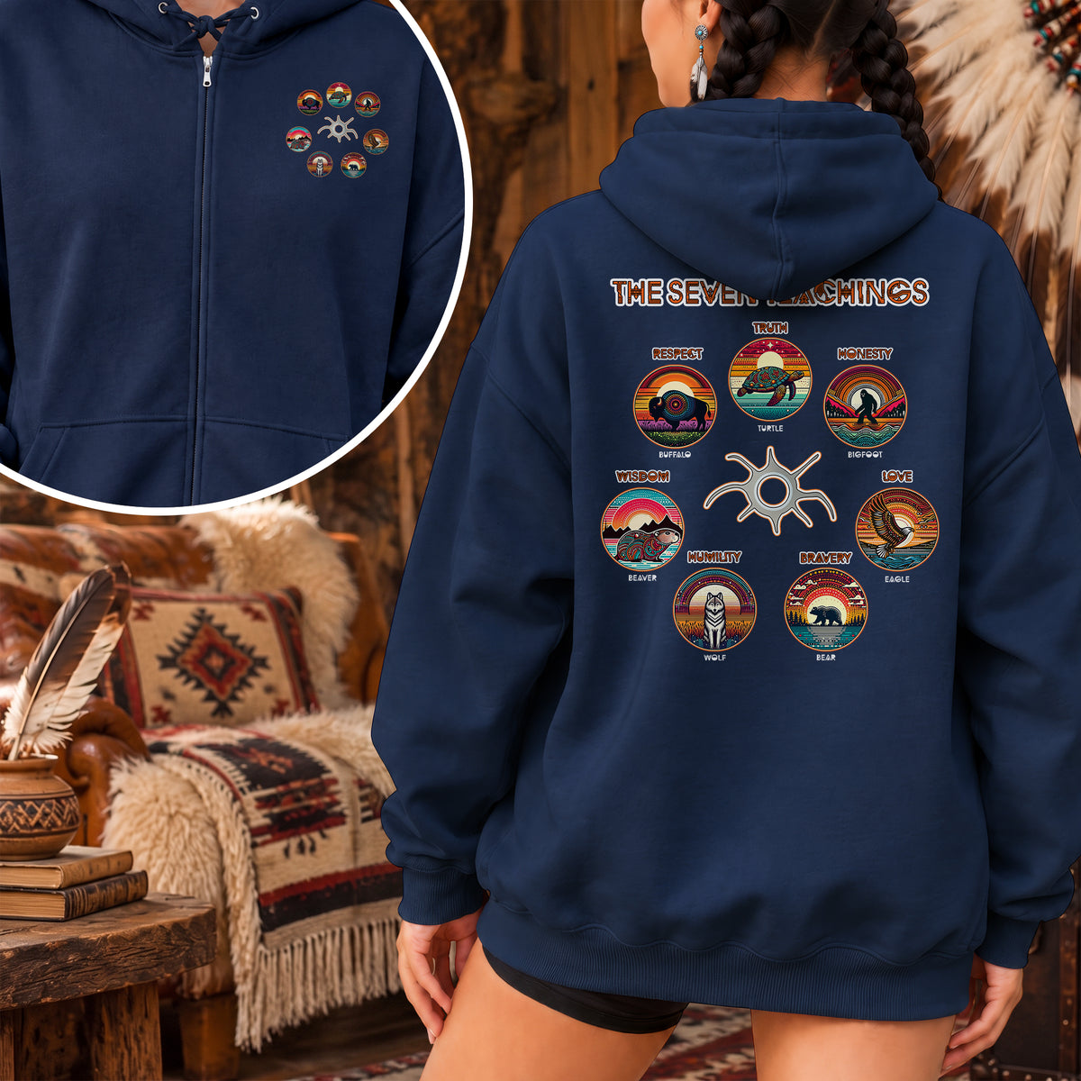 The Seven Sacred Laws Animal Symbols Indigenous - Two Sides Unisex Hoodie Zip