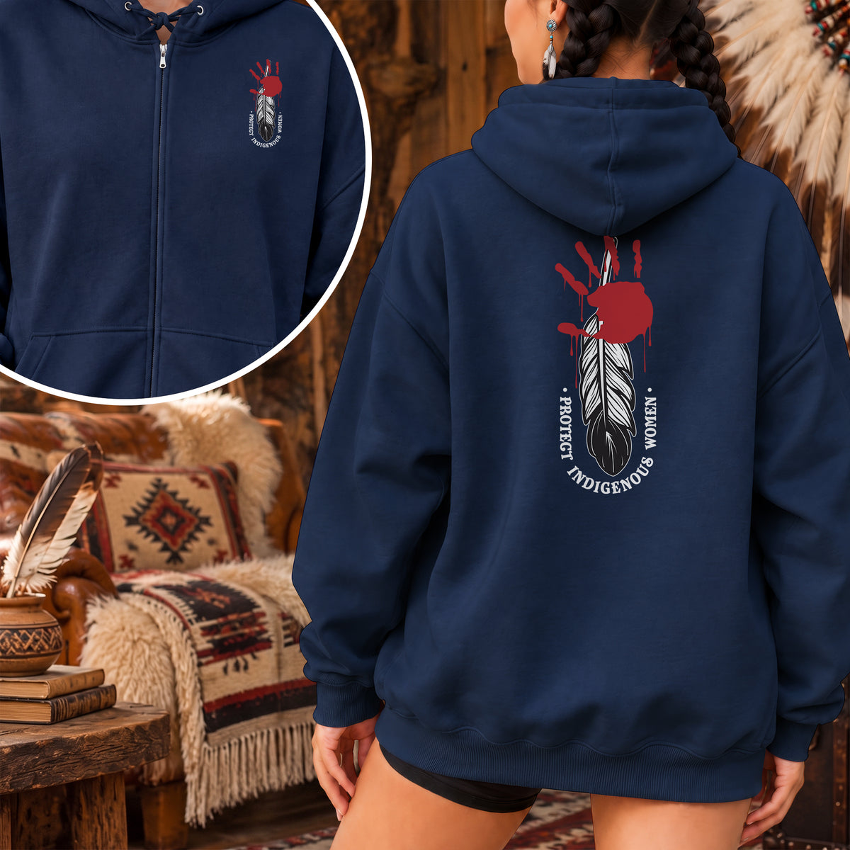 Protect Indigenous Women Red Hand Feather - Two Sides Unisex Hoodie Zip