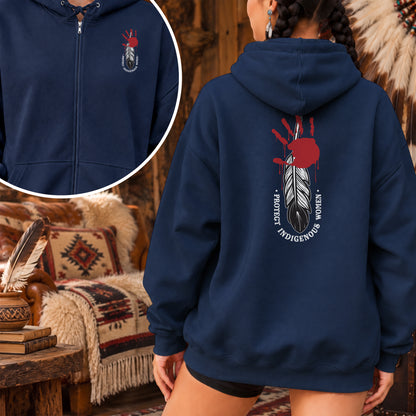 Protect Indigenous Women Red Hand Feather - Two Sides Unisex Hoodie Zip