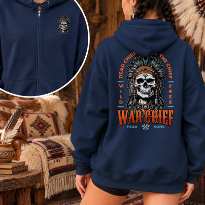 Native Inspired War Chief Skull Fear None Wild Free - Two Sides Unisex Hoodie Zip