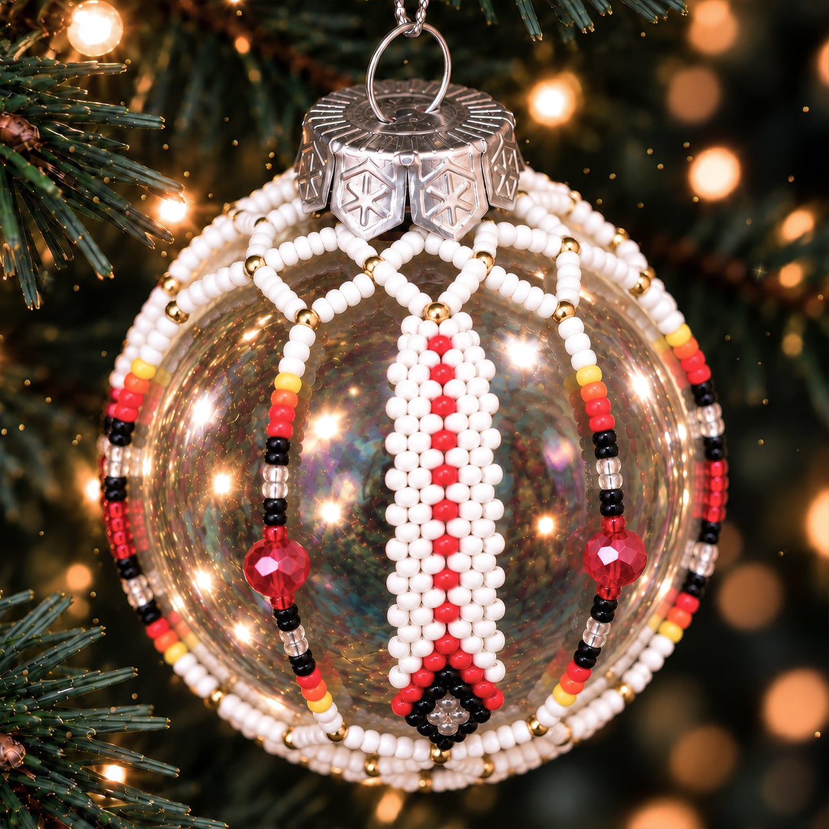 Red Beaded Christmas Ornament, Native-Inspired Holiday Decor