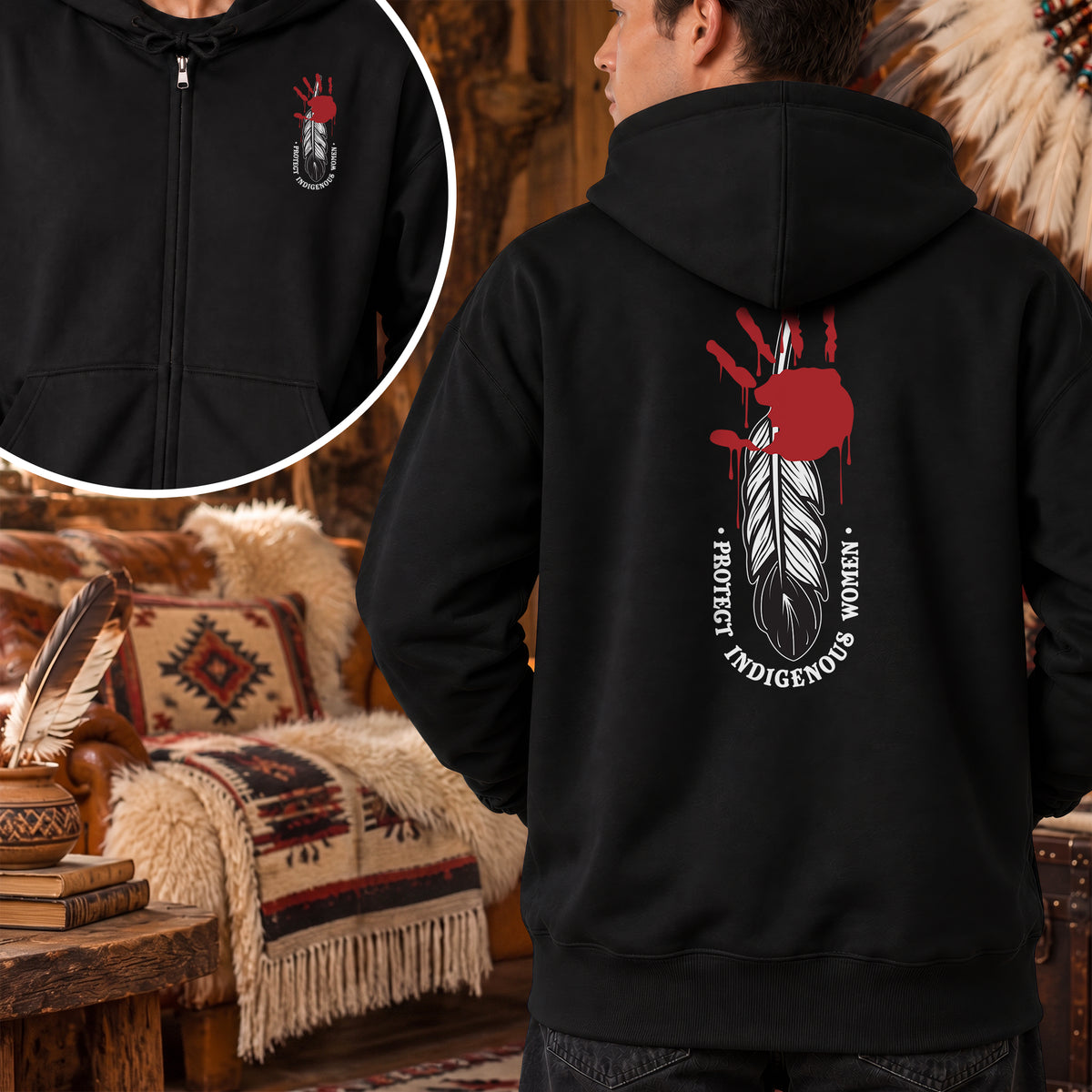 Protect Indigenous Women Red Hand Feather - Two Sides Unisex Hoodie Zip