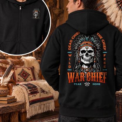 Native Inspired War Chief Skull Fear None Wild Free - Two Sides Unisex Hoodie Zip