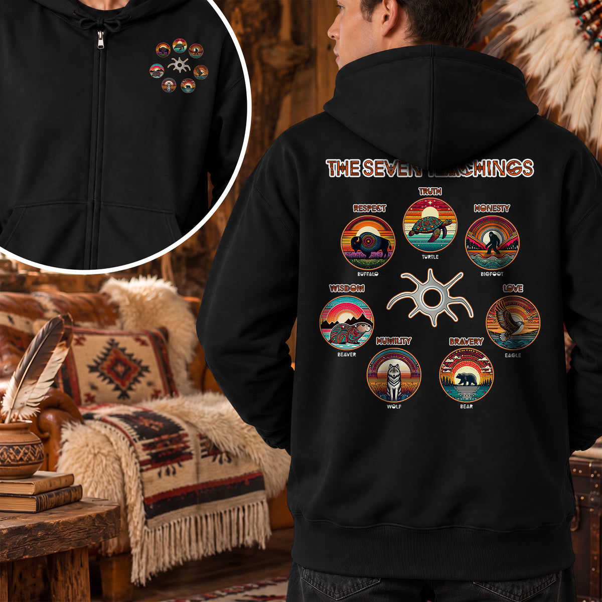 The Seven Sacred Laws Animal Symbols Indigenous - Two Sides Unisex Hoodie Zip