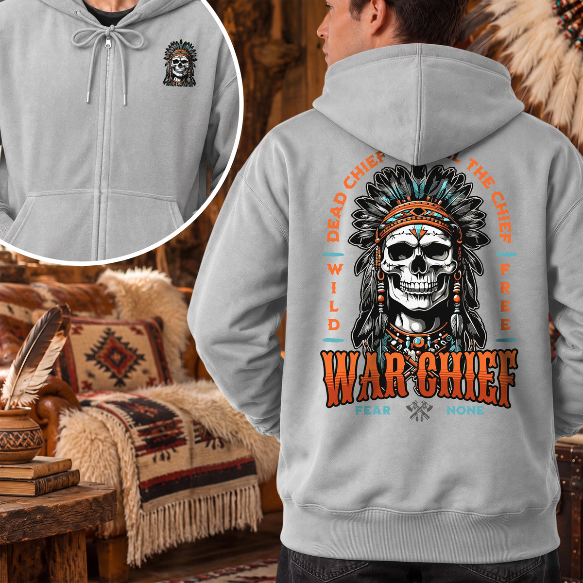 Native Inspired War Chief Skull Fear None Wild Free - Two Sides Unisex Hoodie Zip