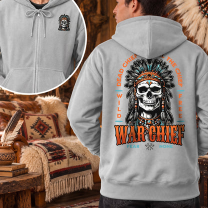 Native Inspired War Chief Skull Fear None Wild Free - Two Sides Unisex Hoodie Zip