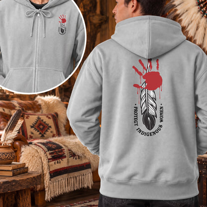Protect Indigenous Women Red Hand Feather - Two Sides Unisex Hoodie Zip