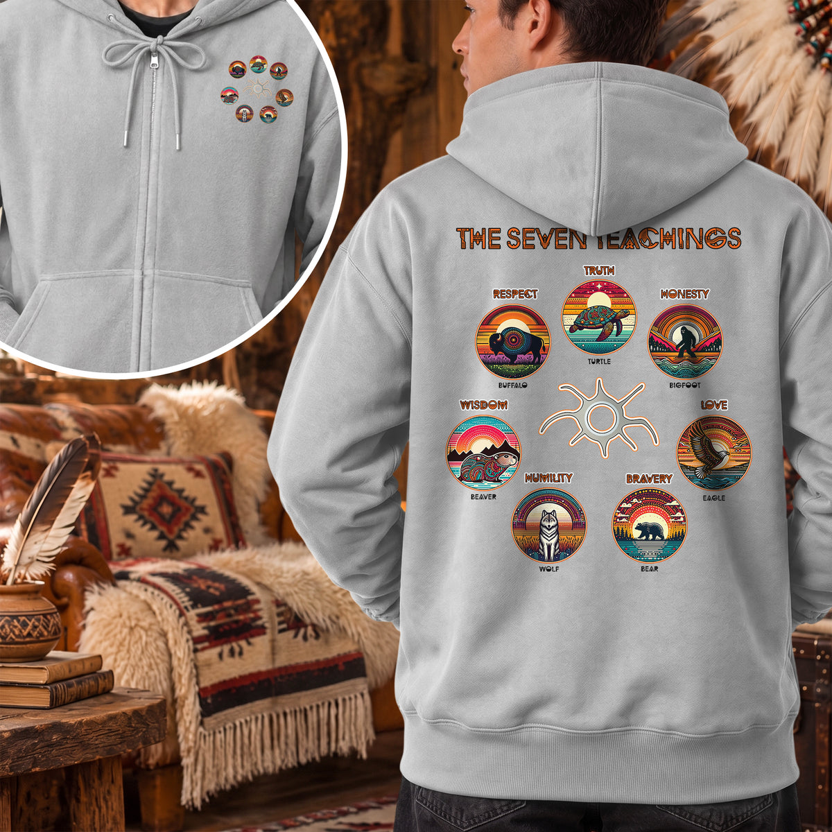 The Seven Sacred Laws Animal Symbols Indigenous - Two Sides Unisex Hoodie Zip