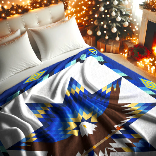 Native Star Quilt Blanket - White & Blue Eagle Morning Star Design
