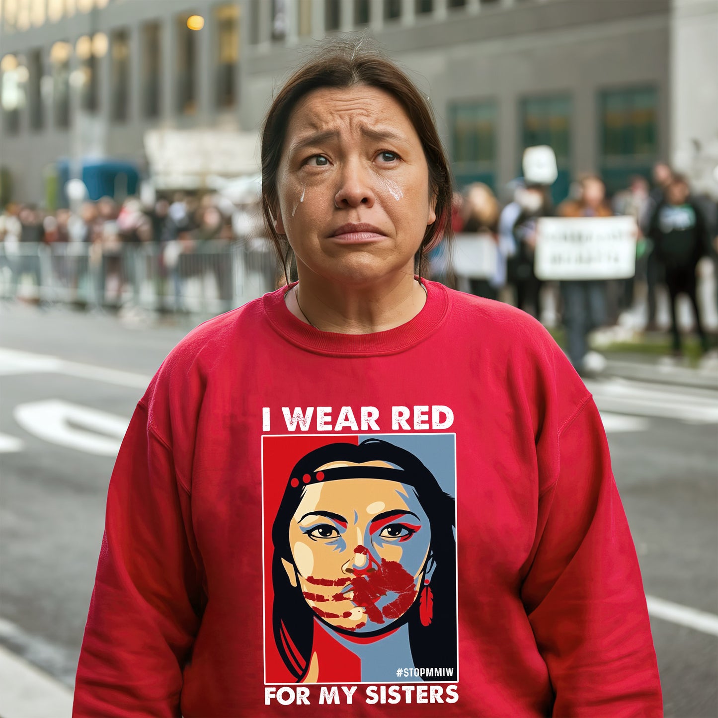 a woman wearing a red shirt with a picture of a woman on it