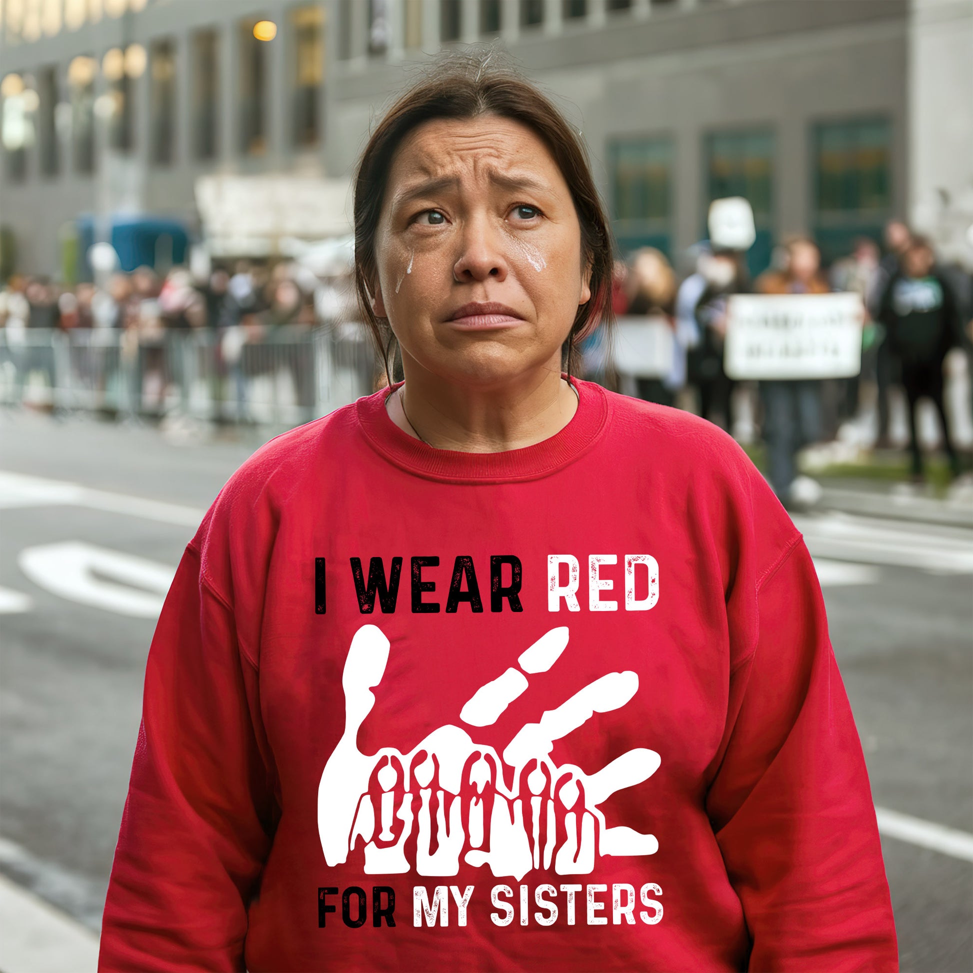 a woman in a red shirt is standing on the street