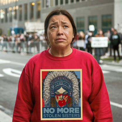 a woman in a red shirt is standing on the street