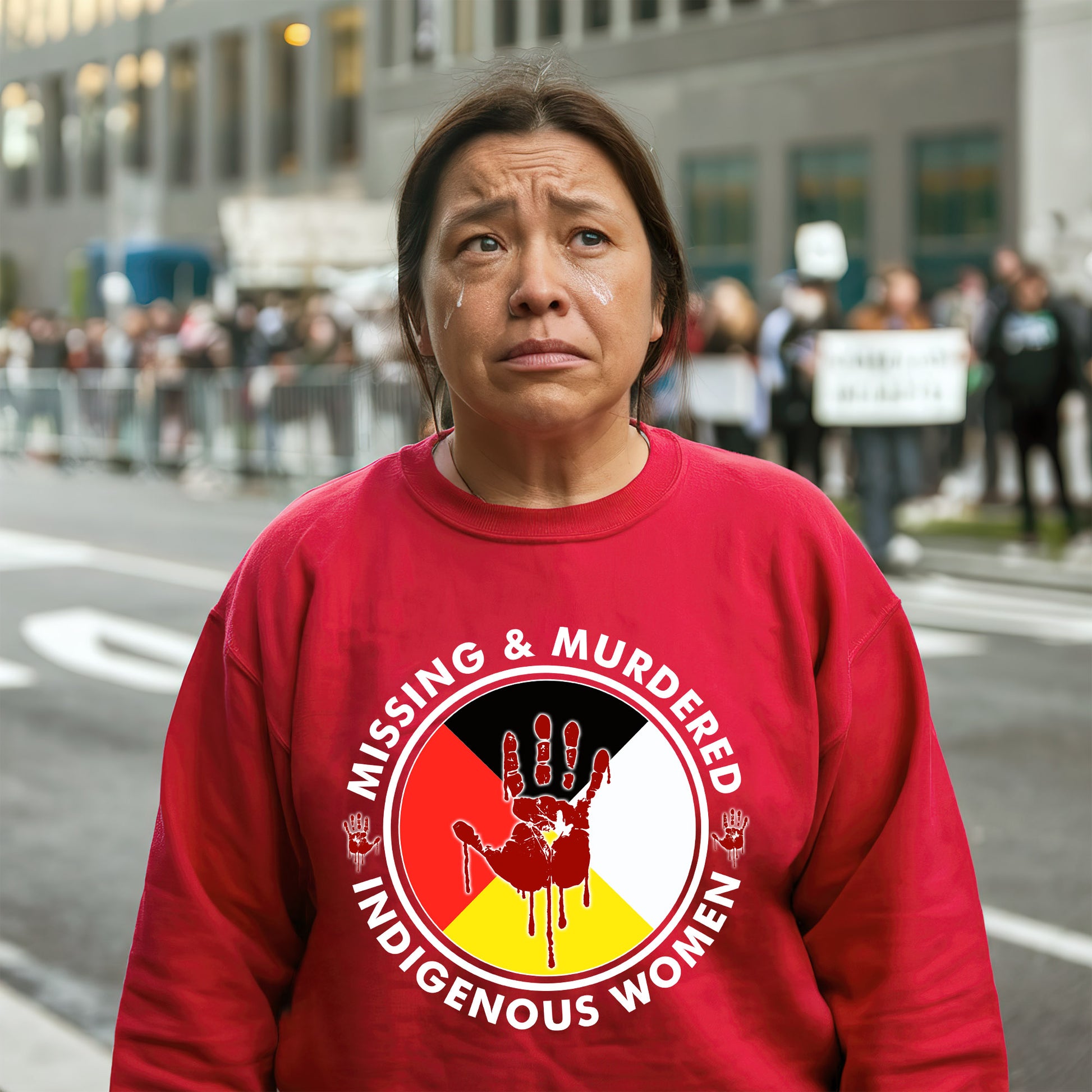 a woman in a red shirt is standing on the street