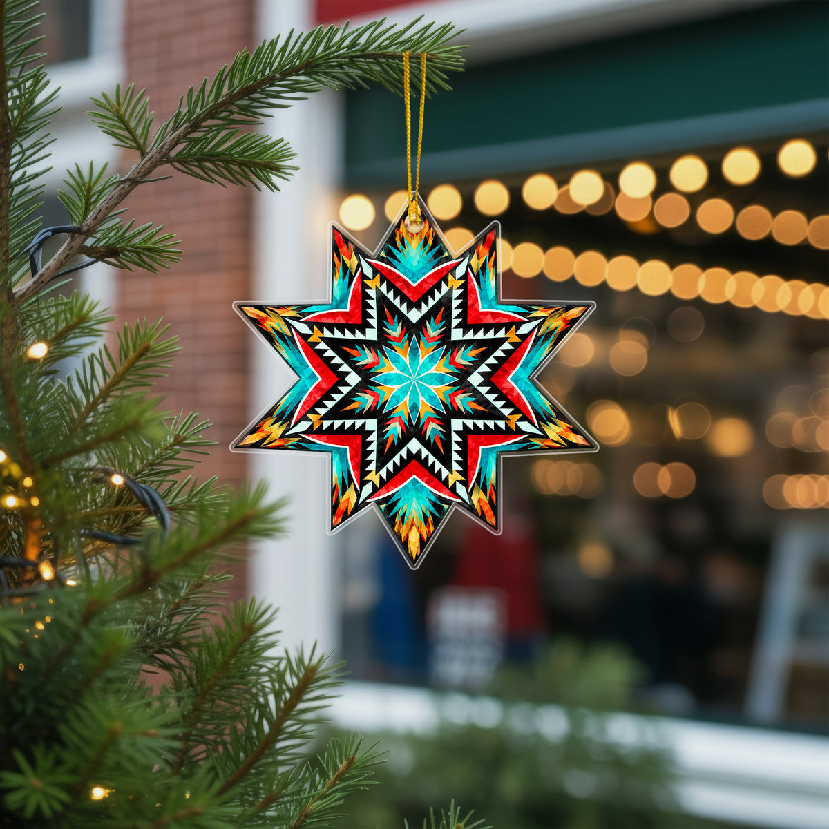 Turquoise Red Native Star Quilt Acrylic Christmas Ornament