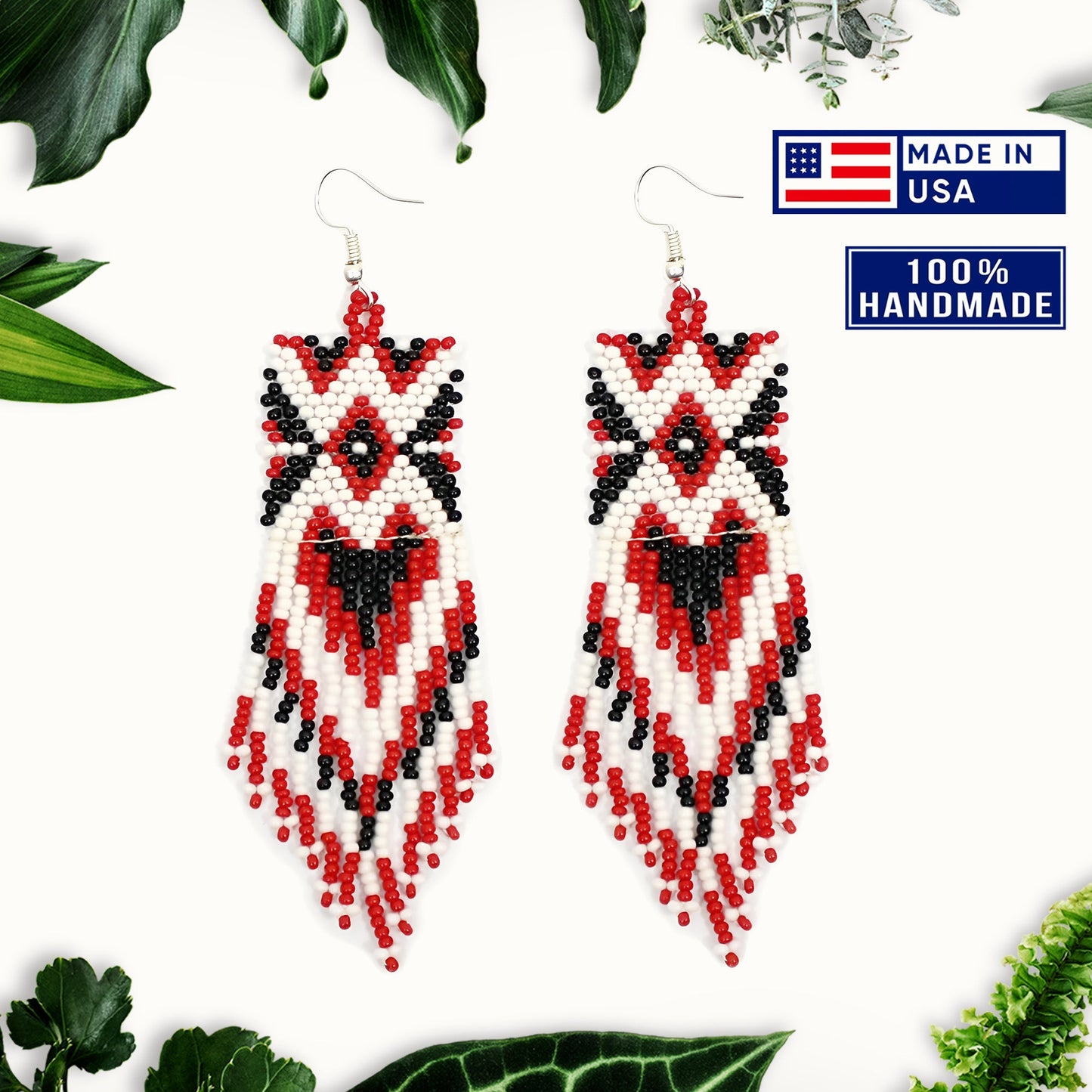 Red Black Long Beaded Handmade Earrings For Women