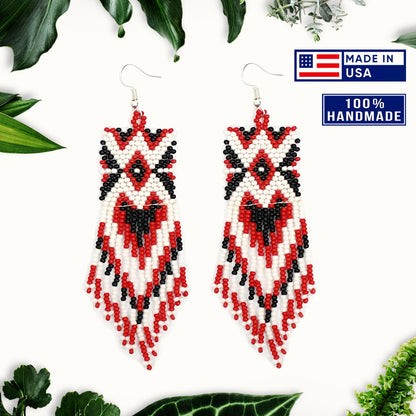 Red Black Long Beaded Handmade Earrings For Women