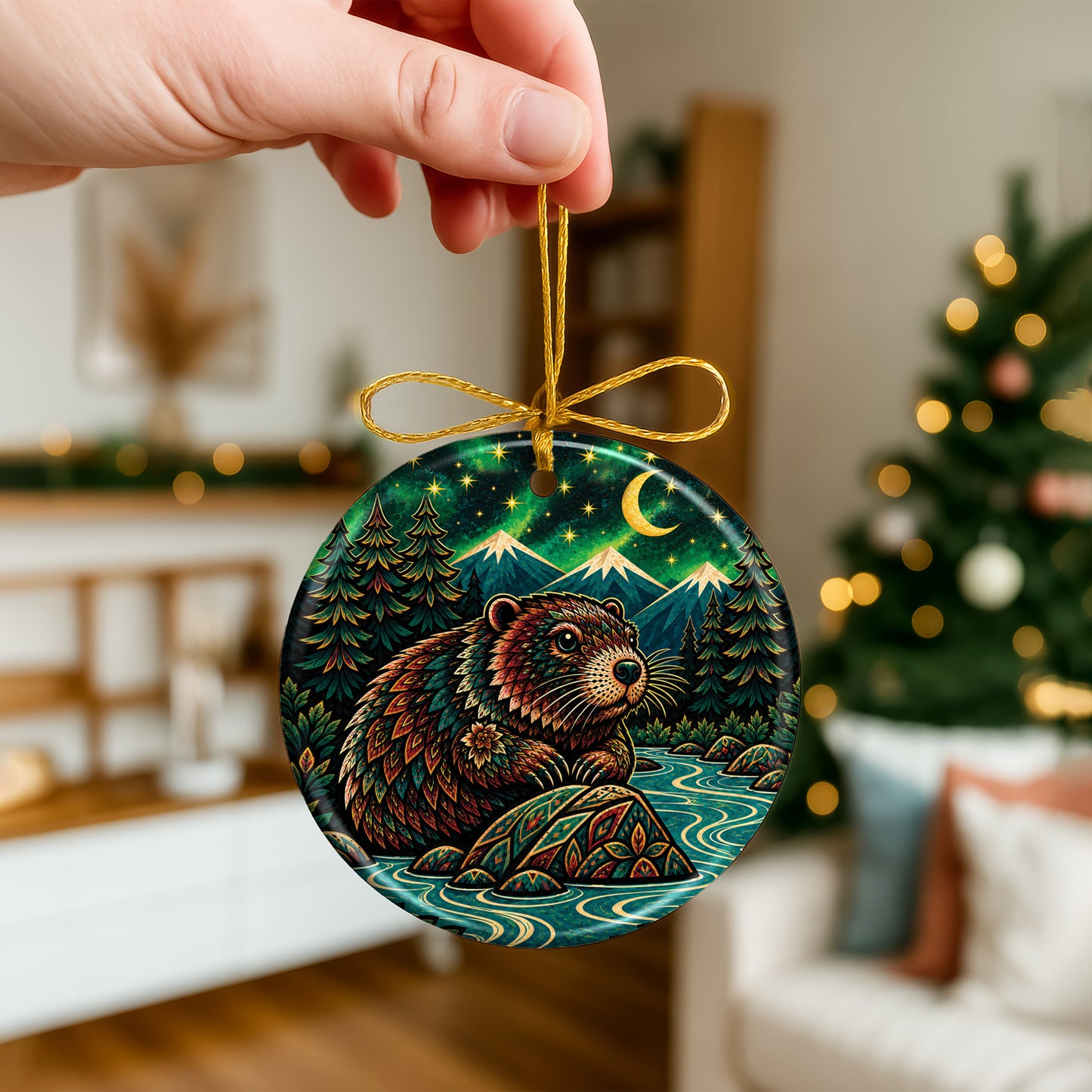 Native Inspired Beaver Ceramic Ornament, Indigenous Style Wildlife Holiday Decor