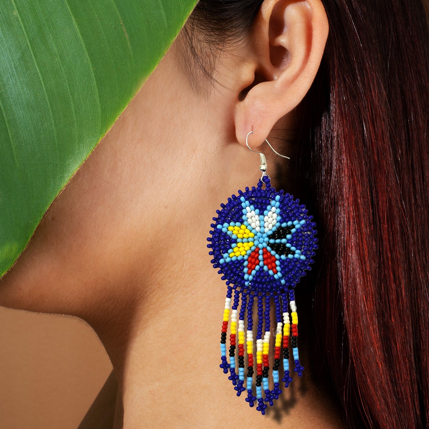 Blue 4 Directions Flower Round Beaded Handmade Earrings For Women