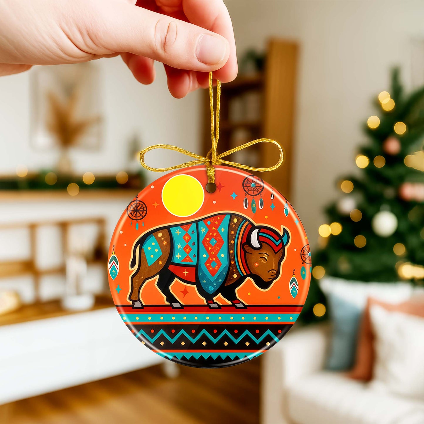 Tribal Bison Ceramic Ornament - Indigenous Inspired for Holiday Decor