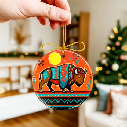 Tribal Bison Ceramic Ornament - Indigenous Inspired for Holiday Decor