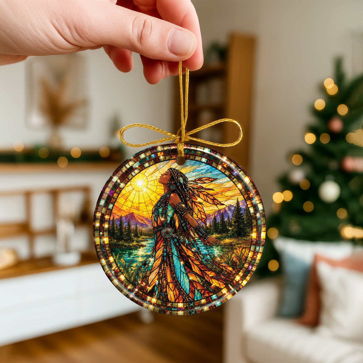Native American Woman Ceramic Ornament - Feather Stained Glass Design
