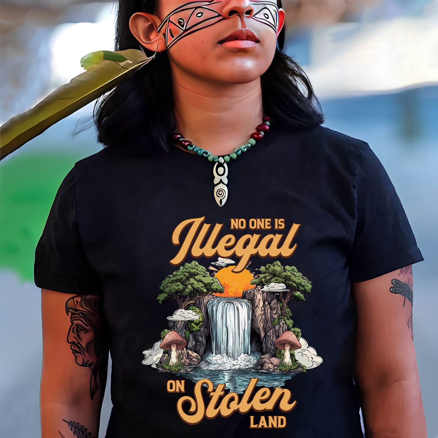 No One Is Illegal On Stolen Land - Waterfall Design Front Print Unisex T-Shirt/T-Shirt V-Neck/Hoodie/Sweatshirt
