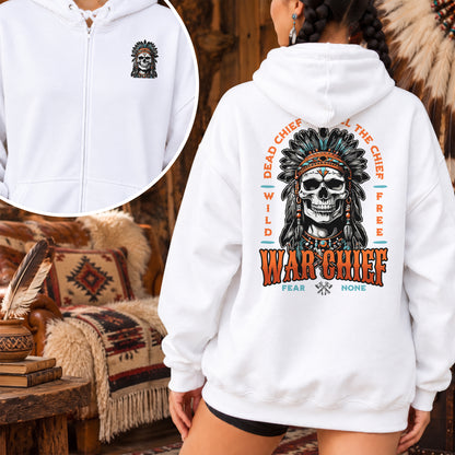 Native Inspired War Chief Skull Fear None Wild Free - Two Sides Unisex Hoodie Zip