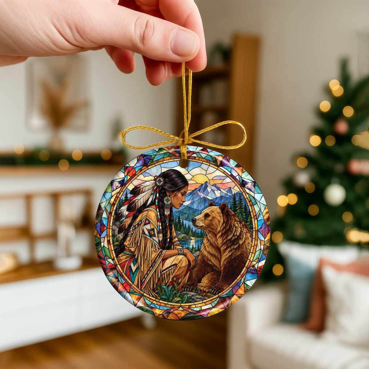 Bear And Woman Stained Glass Ceramic Christmas Ornament Holiday Decor