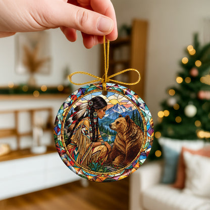 Bear And Woman Stained Glass Ceramic Christmas Ornament Holiday Decor