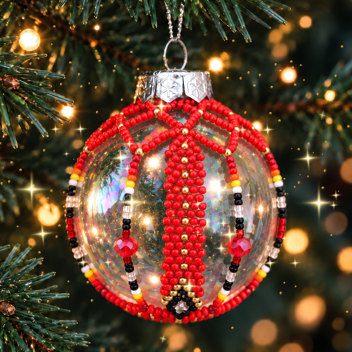 Red Beaded Christmas Ornament, Native-Inspired Holiday Decor