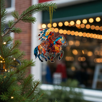 Native American Horse Rider Indigenous Warrior Christmas Tree Decor Flat Acrylic