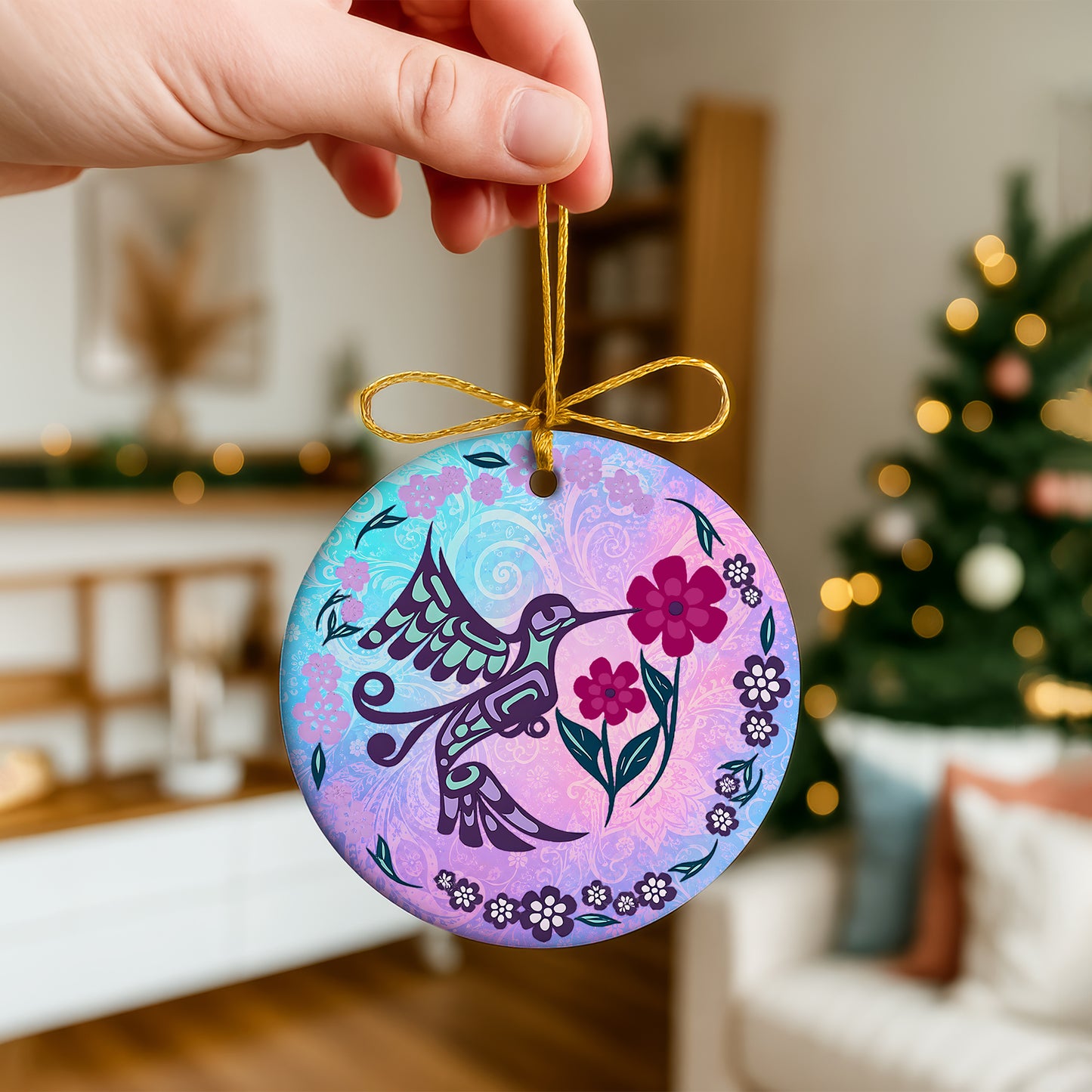 Hummingbird Ceramic Ornament – Floral Christmas Tree Decor & Nature Lover Gift