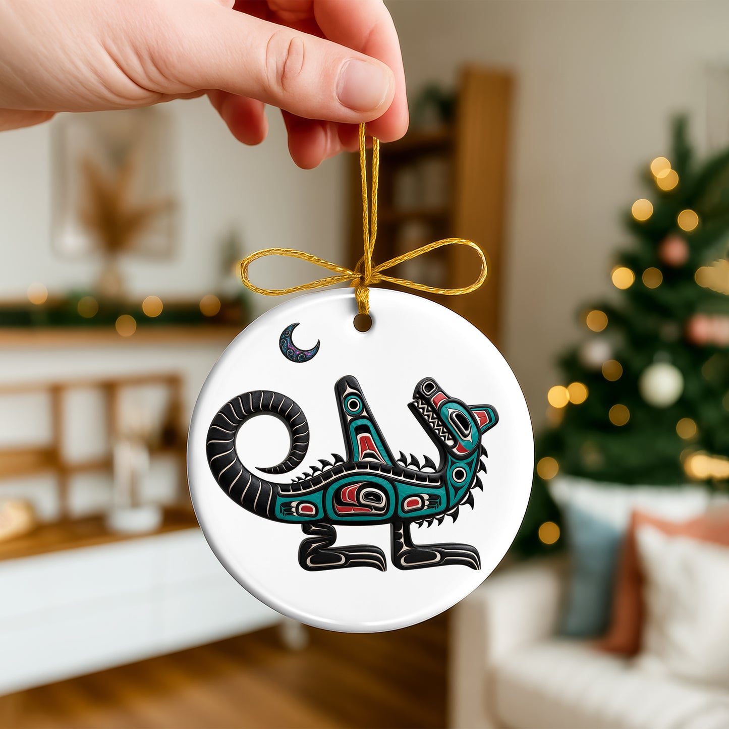 Native American Orca Spirit Christmas Ornament – Indigenous Tribal Art Ceramic Hanging Decoration