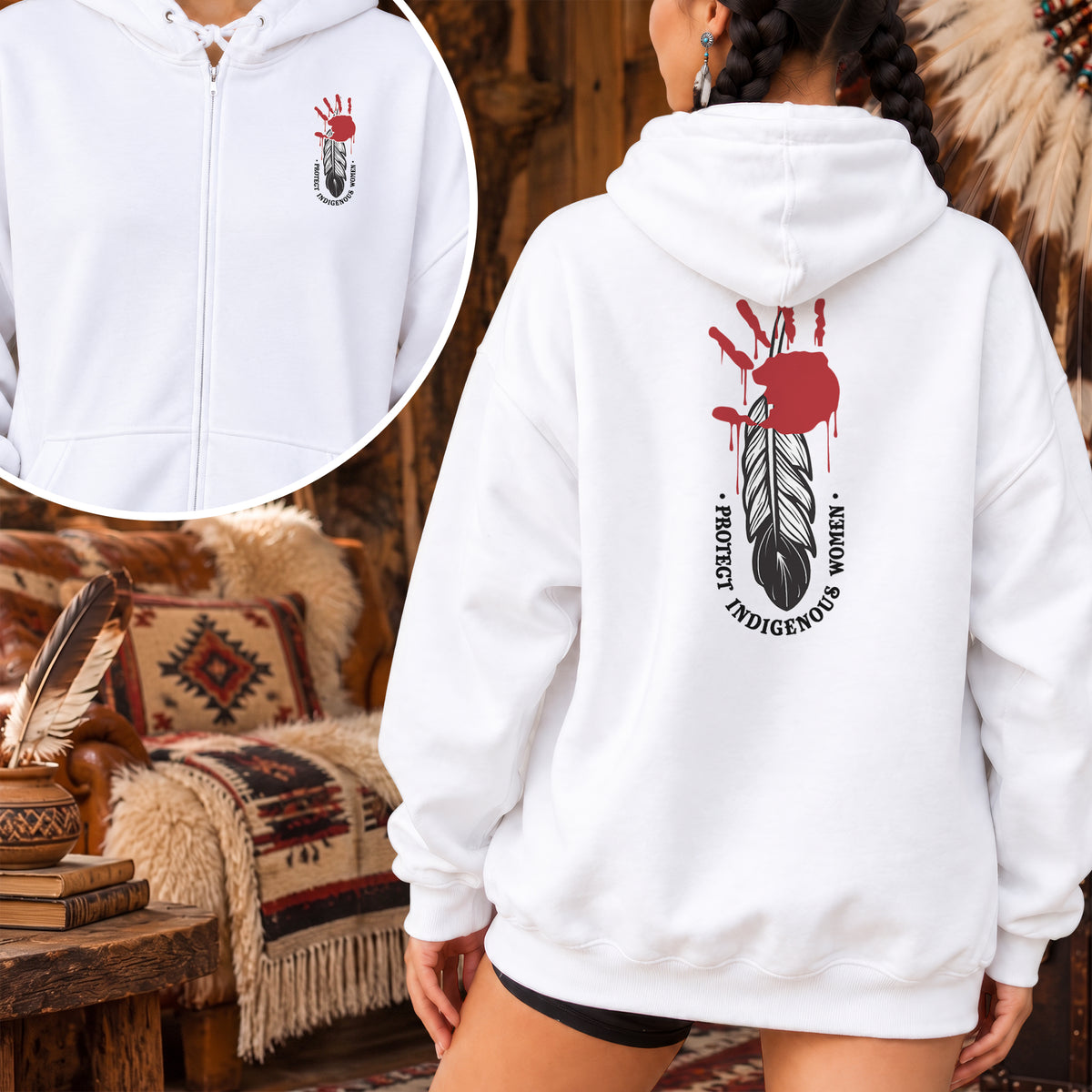 Protect Indigenous Women Red Hand Feather - Two Sides Unisex Hoodie Zip