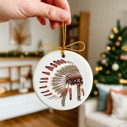 Native Chief Headdress Ceramic Ornament – Tribal Heritage Christmas Tree Decor