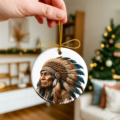 Native American Chief Portrait Christmas Ornament – Tribal Heritage Ceramic Holiday Tree Decoration