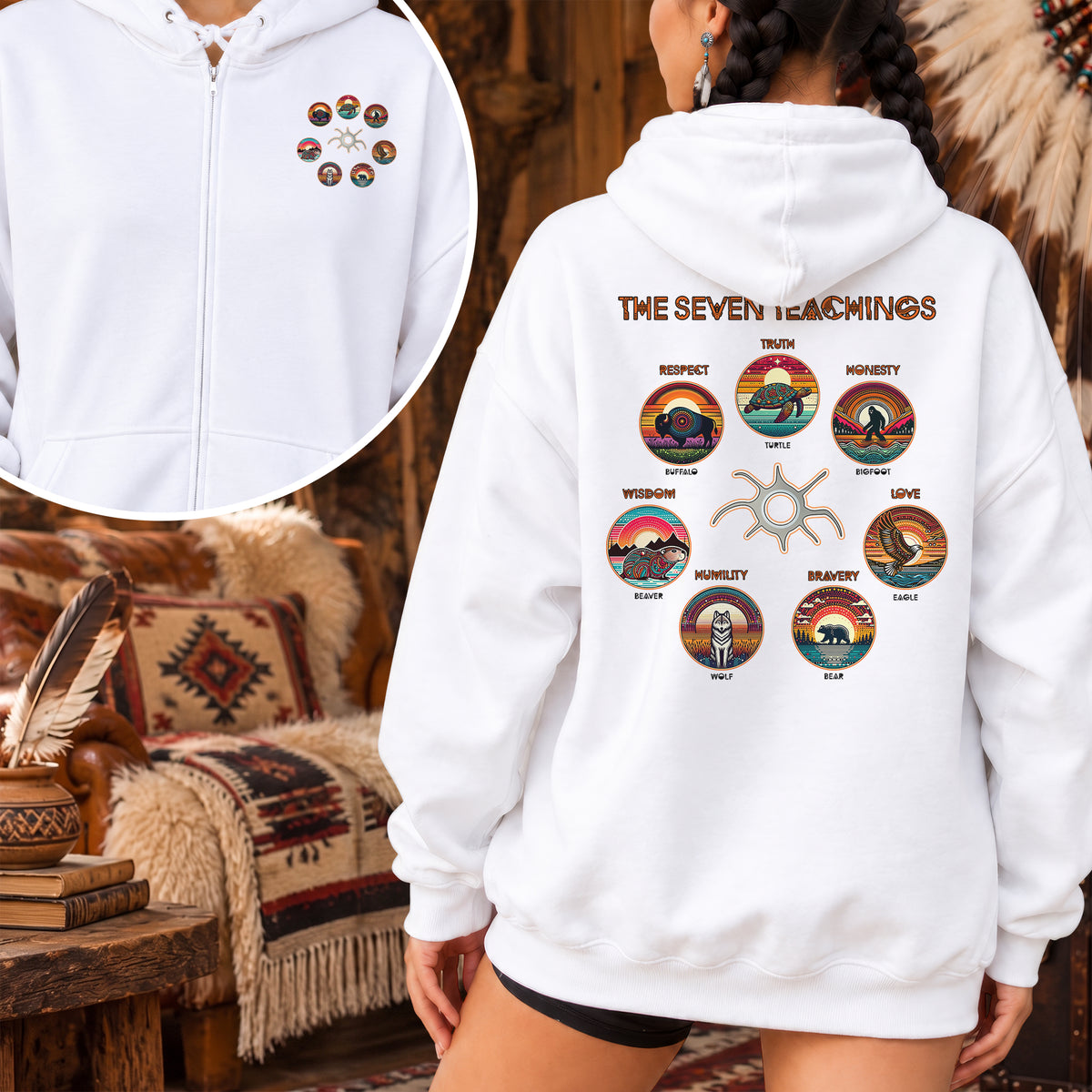 The Seven Sacred Laws Animal Symbols Indigenous - Two Sides Unisex Hoodie Zip