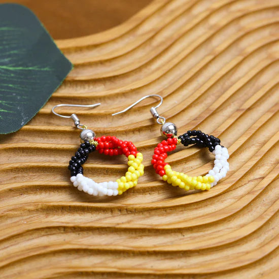 Beaded Circle Earrings – Red, Black, and Yellow