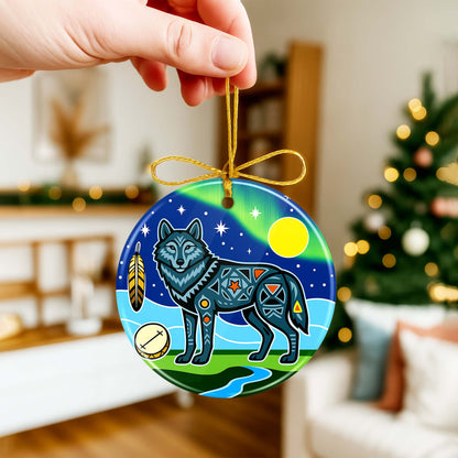 Tribal Wolf Ceramic Ornament - Indigenous Inspired for Holiday Decor