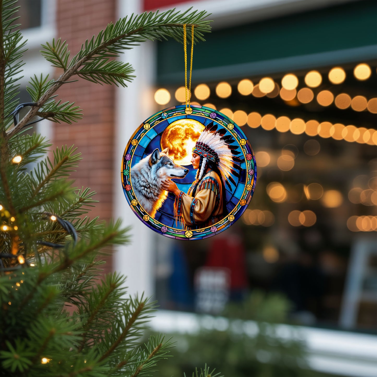 Native American Woman and Wolf Full Moon Christmas Tree Decor Flat Acrylic