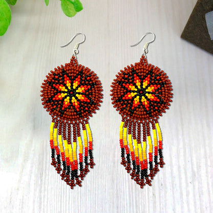 Brown Fire Color Flower Round Beaded Handmade Earrings For Women