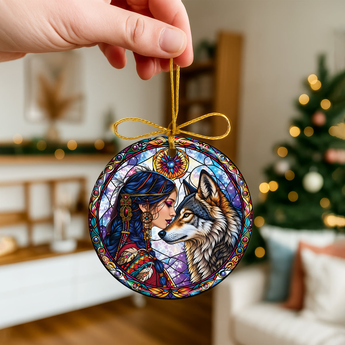 Wolf And Woman Stained Glass Ceramic Christmas Ornament Holiday Decor
