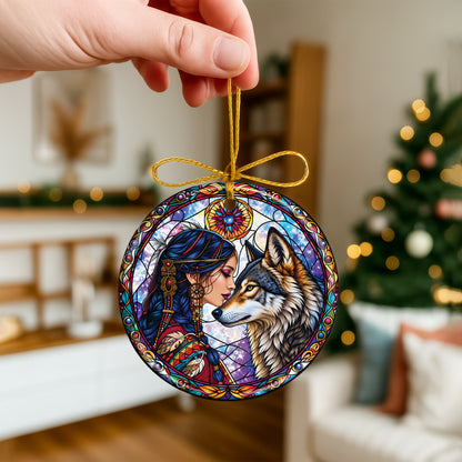 Wolf And Woman Stained Glass Ceramic Christmas Ornament Holiday Decor