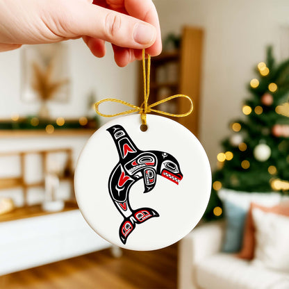 Tribal Orca Whale Ceramic Ornament - Unique Native Art for Holiday Decor