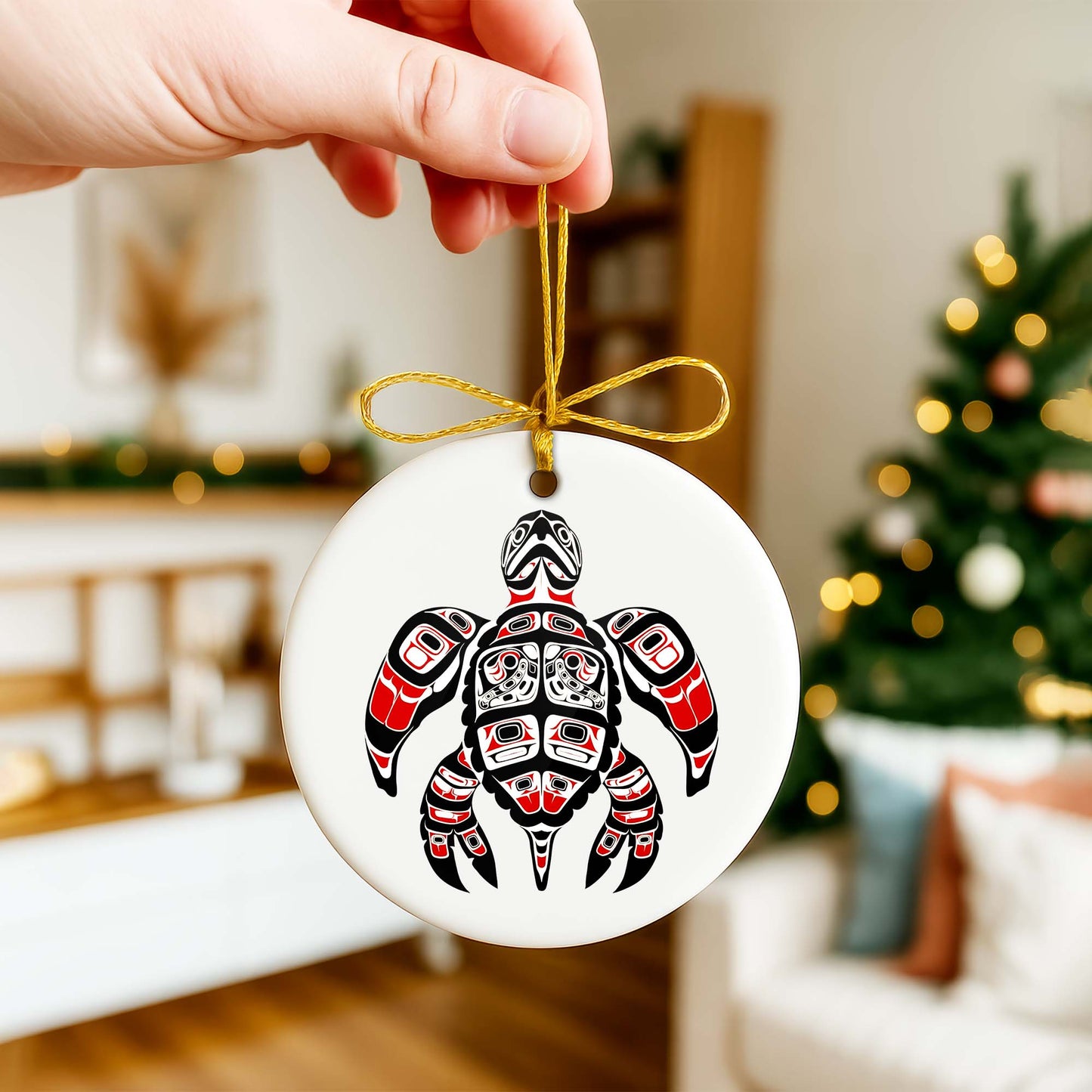 Native Turtle Ceramic Ornament - Indigenous Tribal Art for Holiday Decor