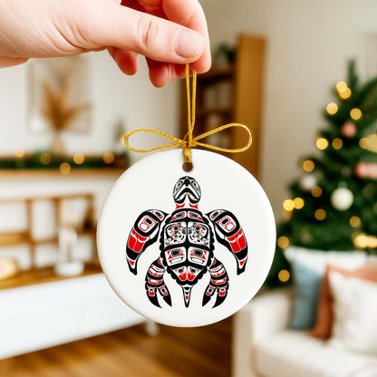 Native Turtle Ceramic Ornament - Indigenous Tribal Art for Holiday Decor